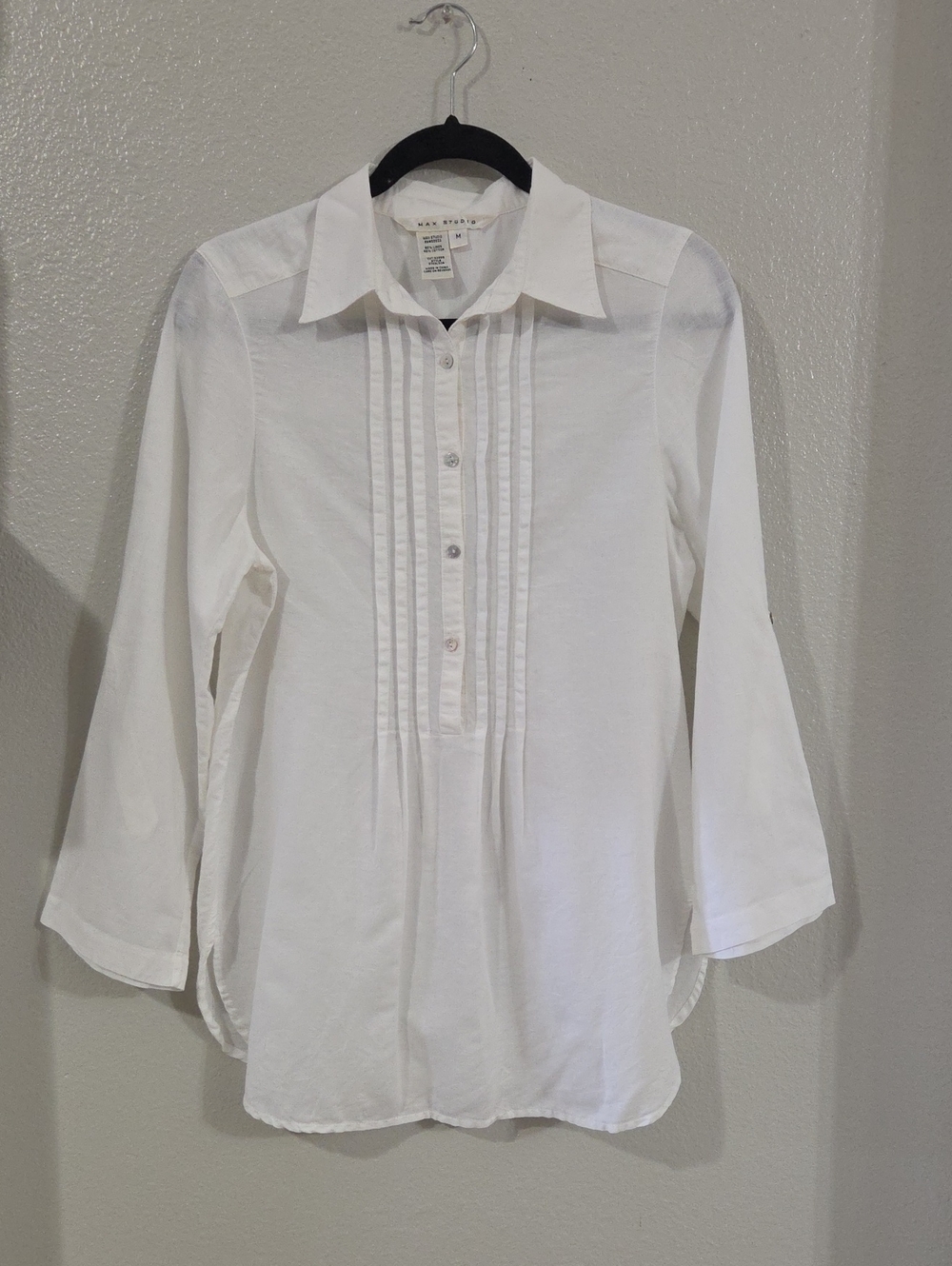 Max Studio Casual White Pintuck Pleated Button-Front Blouse - Women